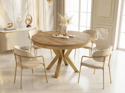 Produktbild von Runder Ausziehbarer Esstisch im Loft-Stil - Industrieller Tisch mit Goldenen Metallbeinen - Platzsparender Tisch für Wohnzimmer - Craft Eiche - 100 bis 180 cm