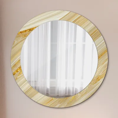 Produktbild von Ø70cm Spiegel - Glasrahmen mit Aufdruck - Wandspiegel Schlafzimmer - gold abstrakt