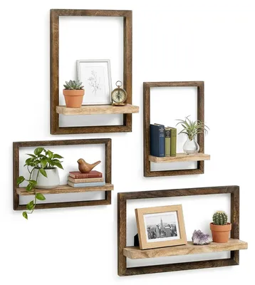 Image de Étagère murale | Lot de 4 étagères en bois brun pour livres et objets de décoration | Étagère murale pour salon, chambre, salle de bains | Élégante étagère murale en bois brun