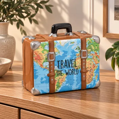 Produktbild von Große Spardose Reise-Koffer braun 13 cm Urlaubskasse mit Schlüssel