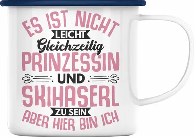 Produktbild von Trendation - Ski Damen Emaille Tasse Geschenk Skihaserl Geschenkidee Spruch Skihase Apreski Geschenkidee Frauen (Blau)