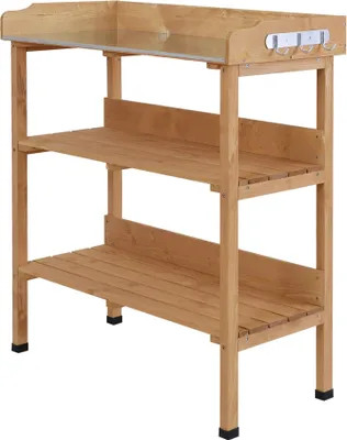 Produktbild von Holz-Pflanztisch - Gärtnertisch - Arbeitsplatte aus Metall - 2 Ablagen - Für den Außenbereich - Khaki