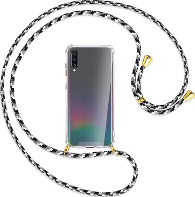 Produktbild von Handykette Backcover-Schutzhülle mit Band (Metall goldfarben) für Samsung Galaxy A70 - schwarz/grau/weiß