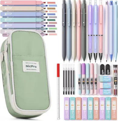 Productafbeelding van Nicpro esthetische schoolbenodigdheden - Set van 50 - 5 sneldrogende zwarte inktpennen - 12 pastelmarkeerstiften