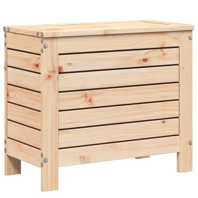 A wooden storage chest with a slatted front and lid, shown from a side-angle against a white background.