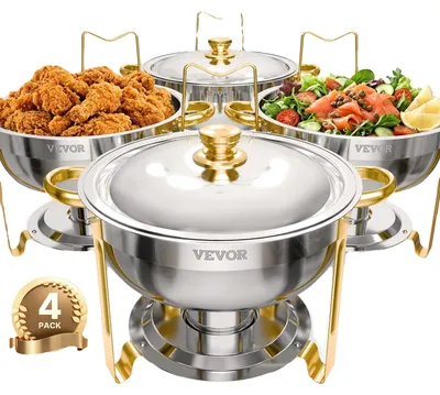 Produktbild von VEVOR Warmhalteteller Buffet Set, 5 Qt 4er Pack, Edelstahl Chafing Dish mit 4 Vollformat-Pfannen, runder Catering-Wärmer mit Deckel, Wasserpfanne, klappbarer Ständer und Clip, für Hochzeiten, Partys, Bankette, Silber, Gold-4-teilig