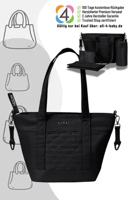 A black tote bag with a quilted front panel is shown, along with several line drawings of other bags and a separate image of a diaper bag organizer with accessories. Text overlays provide product information and a website address.