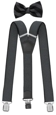 Produktbild von Fabio Farini - 1 Stück mit passender Fliege als Set 4cm Y-Form für Herren Pack Grau 4cm Hosenträger - Grau/Schwarz Gestreifter Fliege