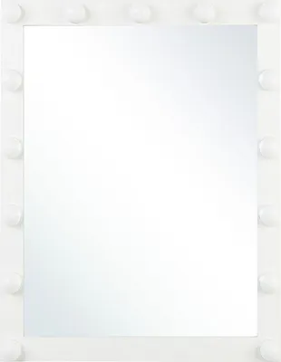 A white rectangular mirror with LED lights around the frame, presented on a white background.