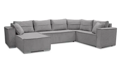 A gray sectional couch with a chaise lounge on a white background.