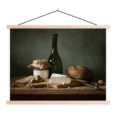 Produktbild von MuchoWow® Textilposter Rustikal - Brie - Stillleben - Flasche - Brot 60x45 cm mit holzfarbenen Rahmen - Bild