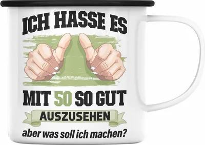 Produktbild von Trendation -  50. Geburtstag Emaille Tasse Frau Männer Geschenk 50er Geschenkidee 50 Mutter Vater Mann Frauen Lustig Geschenke Deko (Schwarz)