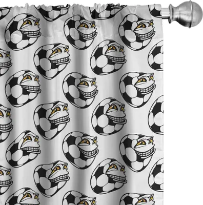 Produktbild von ABAKUHAUS Fußball Vorhänge, Gardinen, Karikatur-Fußball-Maskottchen mit glücklichem lustigem Gesichtsausdruck-Sport-Spiel-Spiel, 2 Stück 75 x 175 cm, Schwarz Weiß Gelb