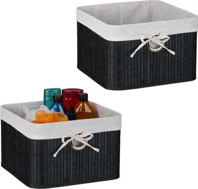 Produktbild von Relaxdays Aufbewahrungskorb 2er Set, Bambus, Stoffeinsatz, HBT: 20x31x31 cm, Körbchen Griffloch, Regalkorb, schwarz/weiß