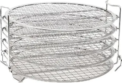 A multi-tiered stainless steel drying rack.