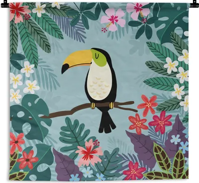 Produktbild von MuchoWow® Wandteppich Wandbehang Tukan - Pflanzen - Kinder - Tiere - Kinder 120x120 cm Tapisserie Dekoration Wandtuch - Modern - Baumwollgewebe