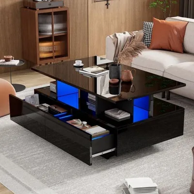 Image de Table basse laquée blanche - 90x55x41 cm - Avec éclairage LED - 2 tiroirs - Style moderne pour salon