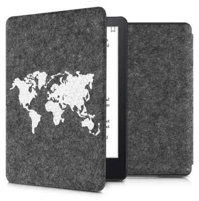 Produktbild von kwmobile Hülle kompatibel mit Amazon Kindle Paperwhite 11. Generation 2021 - Filz Stoff eReader Schutzhülle Cover Case - Travel Umriss Weiß Dunkelgrau