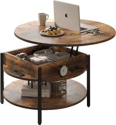 Produktbild von FABATO Runder Couchtisch mit anhebbarer Tischplatte, Stauraum, verstecktem Fach. Landhausstil, 2 Ebenen, rustikal braun