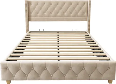 Produktbild von okwish Polsterbett Doppelbett 160×200cm mit Lattenrost und Kopfteil, Knopfpolsterung, Nietenpolsterung, Samt, Hellbeige,Ohne Matratze