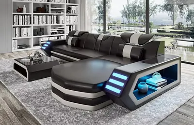 Obrázek produktu pro Designová rohová pohovka Nábytek do obývacího pokoje Rohová pohovka Kožené čalounění Pohovka ve tvaru L + stůl