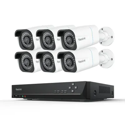 A set of security cameras and a DVR unit are displayed against a white background.