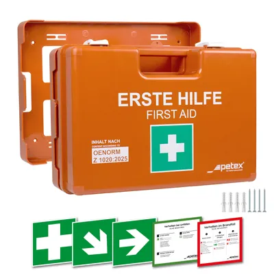 Produktbild von PETEX Betriebsverbandkasten, First-Aid, Erste-Hilfe, Profi, Inhalt nach ÖNORM Z1020:2025, orange