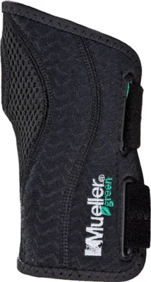 A black wrist brace with green accents and branding.