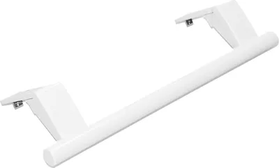 A white refrigerator door handle with mounting brackets is shown against a white background.