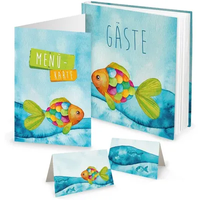 Produktbild von SET: 25 Tischkarten + 10 Menükarten + Gästebuch blau türkis bunter Regenbogenfisch - maritime Tischdeko FISCH zur Taufe Kommunion Geburtstag Kindergeburtstag - für JEDEN Stift! Geschenk-Set