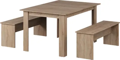 A dining table with two benches, presented on a white background.