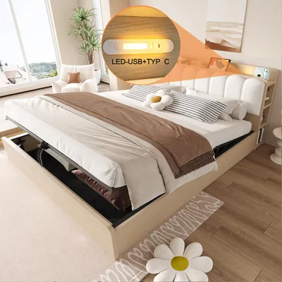 Produktbild von okwish Jugendbett 180×200 Doppelbett mit USB und Nachtlicht,Holzbett,Funktionsbettmit gepolstertem Kopfteil und Bettkasten,Natur,ohne Matratze