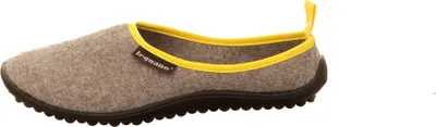 A single gray slipper with yellow trim and a black sole is shown against a white background.