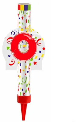 Eisfontäne Zahl 0 mit roter Ziffer, bunter Partyhülle und Kunststoffspitze vor weißem Hintergrund, Kategorie F1 für Geburtstage.