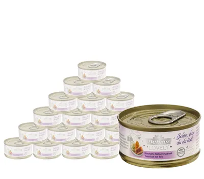 Produktbild von Dehner Premium Lovely Katzenfutter, Nassfutter glutenfrei, für ausgewachsene Katzen, Hühnerbrust / Thunfisch / Reis, 24 x 70 g Dose (1.68 kg)