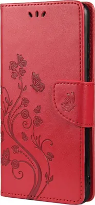A red flip case for a smartphone with a floral and butterfly embossed design.
