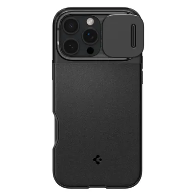 A black phone case with a camera cover is shown against a white background.