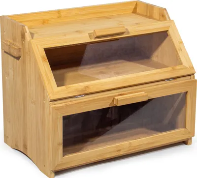Produktbild von Theo Cleo Bambus Brotkasten mit Belüftung, Großer Brotbox, 2 Etagen und Sichtfenster, Holz Brotbehälter für Hörnchen, Brötchen, Brotaufbewahrung Küche