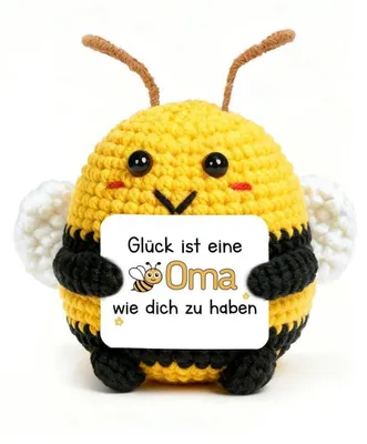 Produktbild von Gestrickte Biene Glücksbringer mit Karte, Handgefertigt aus Wolle & Baumwolle, Geschenk für Oma & Muttertag