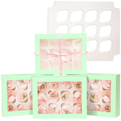Image de TRANKIELO® - Boîtes pop-up automatiques pour cupcakes – vert clair, lot de 6, dimensions : 33 x 25,4 x 9 cm – fabriquées en papier écologique