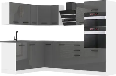 Produktbild von Belini Küchenzeile Küchenblock Küche L-Form MELANIE Küchenmöbel mit Griffe, Einbauküche ohne Elektrogeräten mit Hängeschränke und Unterschränke, ohne Arbeitsplatten, Silber Hochglanz