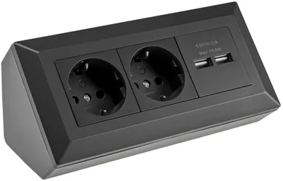 Produktbild von ChiliTec 2-fach Steckdosenblock + 2x USB schwarz 250V AC / 16A Aufbaumontage Neue Version