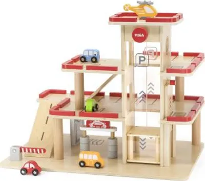 Imagen del producto de VIGA: Aparcamiento de madera para coches con ascensor, incluye 4 coches y un helicóptero