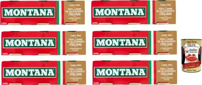 Produktbild von 6x Montana linea oro Rindfleisch in Aspik dosen 3x 90g 100% Italienisch Fleisch, Aspikfleisch + Italian Gourmet polpa 400g