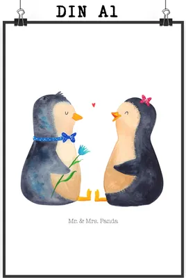 Produktbild von Mr. & Mrs. Panda Bild Pinguin Pärchen DIN A1 - Weiß - Geschenk, Plakat, drucke, Verlobung, Hochzeitstag, Verknallt, Liebe, wandkunst, wanddeko, Wandbild, Hochzeit