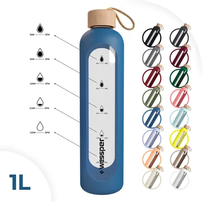 Produktbild von Wessper Trinkflasche Glas mit Silikonhülle, Wasserflasche mit Zeitmarkierungen, Motivierende Flasche, Transparente Wasserflasche aus Borosilikat Glas, Berwachung Ihrer täglichen Wasseraufnahme Blau 1L