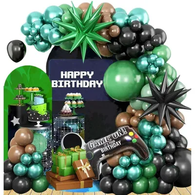 Immagine prodotto di Set di decorazioni per compleanno a tema "Miners", con ghirlanda di palloncini, ideale per feste a tema. Include 144 palloncini in lattice e 3 palloncini in foil