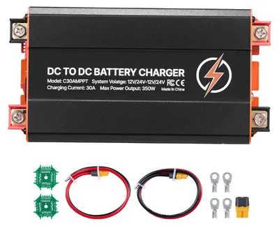 Image de Chargeur de batterie DC-DC SucceBuy avec MPPT 350 W 30 A, amplificateur de charge à double entrée pour panneau solaire et alternateur, compatible avec les batteries LiFePO4 et au plomb, 12 V/24 V-12 V/24 V, idéal pour les camping-cars et l'alimentation de secours