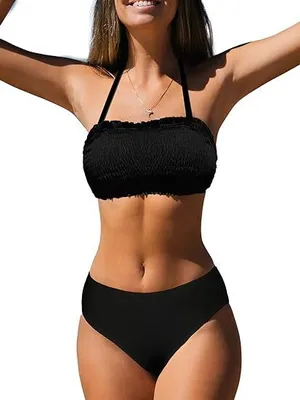 Obrázek produktu pro Dámské bikiny - dvoudílné plavky s bandeau vrškem, uzlem na zádech, středně vysokým pasem a odepínacími ramínky