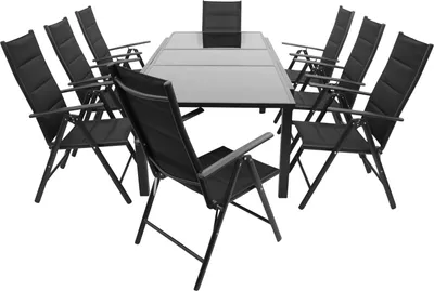 A black outdoor dining set with a table and chairs on a white background.